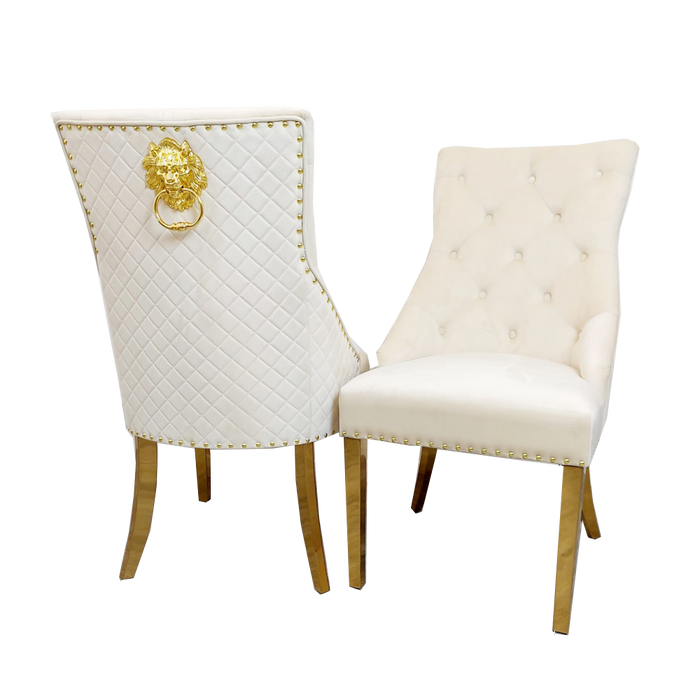 Bentley Gold Dining Chair with Lion Knocker & Quilted Back